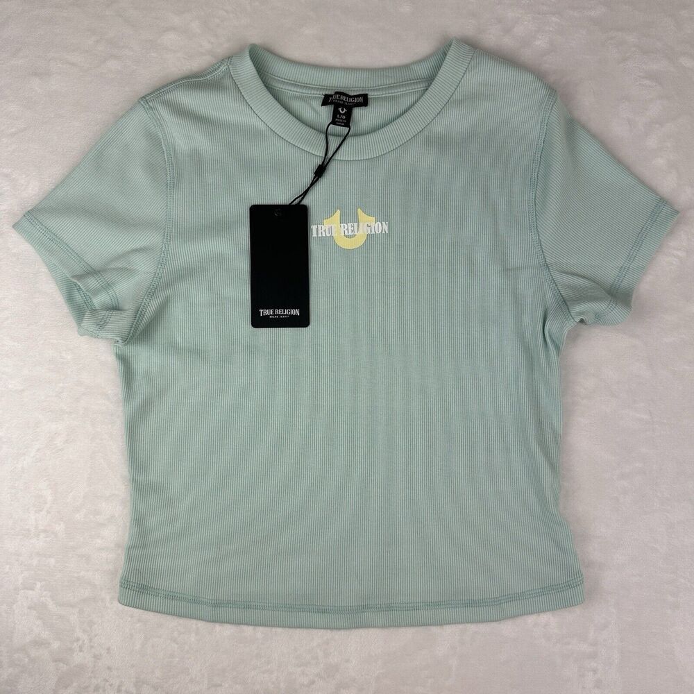 True Religion Crop Top Baby Tee Size Large Y2K Graphic Glacier Blue Green NWT